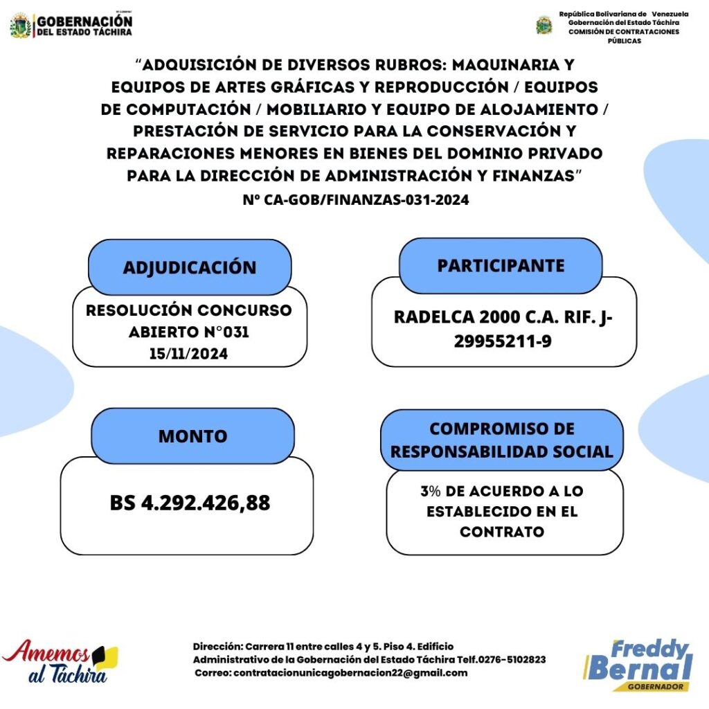 Adjudicación: “ADQUISICIÓN DE DIVERSOS RUBROS: MAQUINARIA Y EQUIPOS DE ARTES GRÁFICAS Y REPRODUCCIÓN / EQUIPOS DE COMPUTACIÓN / MOBILIARIO Y EQUIPO DE ALOJAMIENTO / PRESTACIÓN DE SERVICIO PARA LA CONSERVACIÓN Y REPARACIONES MENORES EN BIENES DEL DOMINIO PRIVADO PARA LA DIRECCIÓN DE ADMINISTRACIÓN Y FINANZAS”
