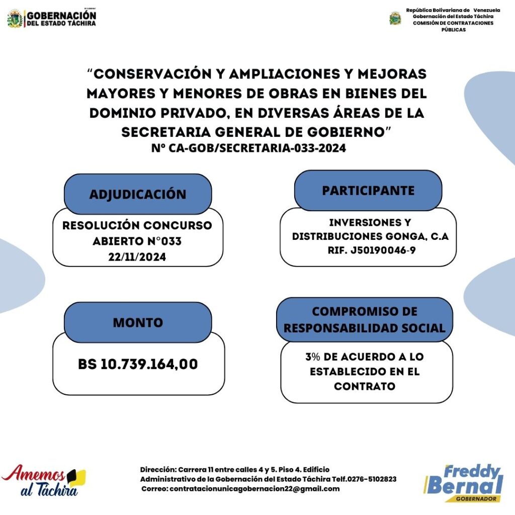 Adjudicación:“CONSERVACIÓN Y AMPLIACIONES Y MEJORAS MAYORES Y MENORES DE OBRAS EN BIENES DEL DOMINIO PRIVADO, EN DIVERSAS ÁREAS DE LA SECRETARÍA GENERAL DE GOBIERNO”