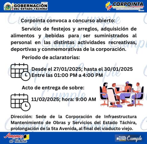 “Servicio de festejos y arreglos, adquisición de alimentos y bebidas para ser suministrados al personal administrativo y obrero, en las distintas actividades recreativas, deportivas y conmemorativas que se realizarán a lo largo del año en la Corporación de Infraestructura y Mantenimiento de Obras y Servicios del Estado Táchira (Corpointa)”.
