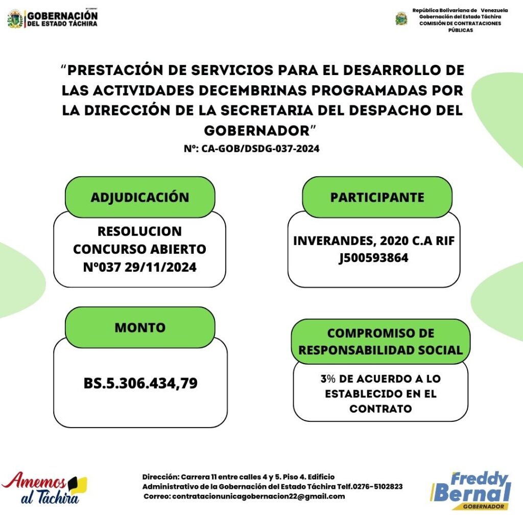 Adjudicación;“PRESTACIÓN DE SERVICIOS PARA EL DESARROLLO DE LAS ACTIVIDADES DECEMBRINAS PROGRAMADAS POR LA DIRECCIÓN DE LA SECRETARÍA DEL DESPACHO DEL GOBERNADOR”