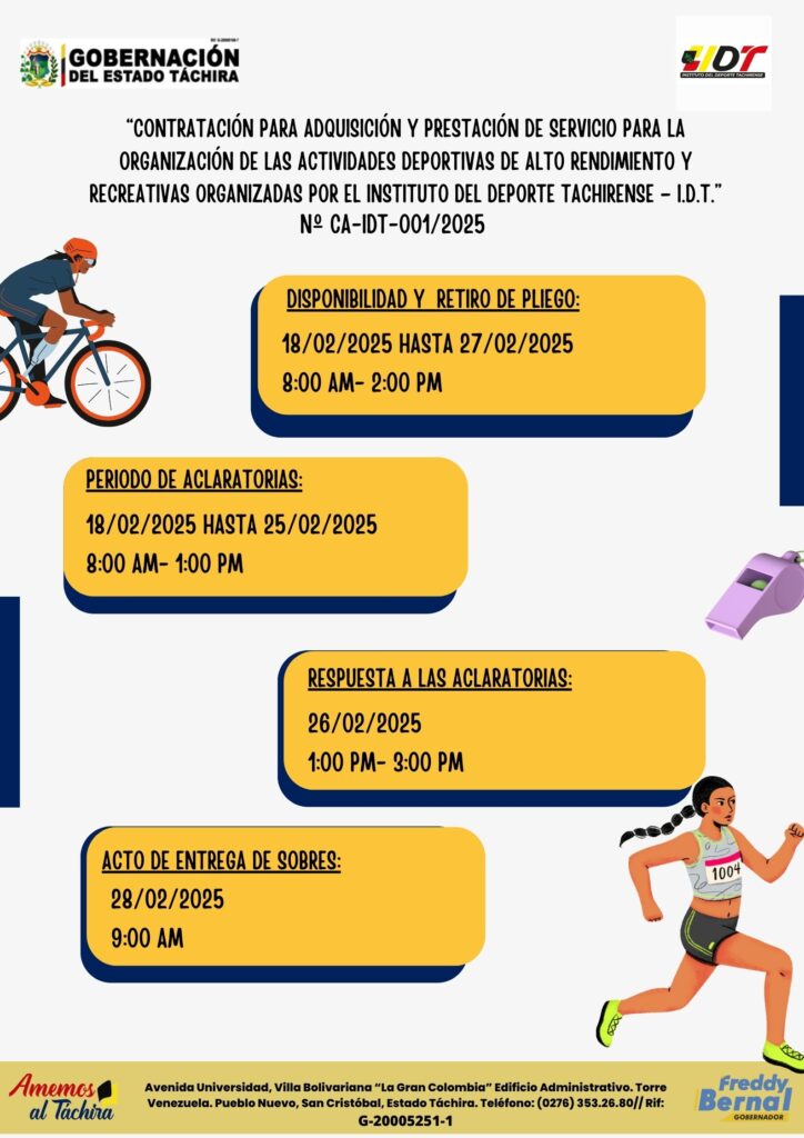 “CONTRATACIÓN PARA ADQUISICIÓN Y PRESTACIÓN DESERVICIO PARA LA ORGANIZACIÓN DE LAS ACTIVIDADES DEPORTIVAS DE ALTORENDIMIENTO Y RECREATIVAS ORGANIZADAS POR EL INSTITUTO DEL DEPORTETACHIRENSE – I.D.T.”
