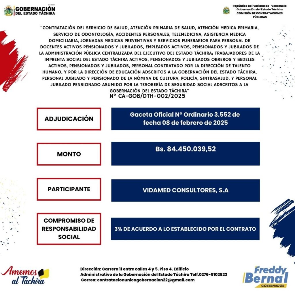 ADJUDICACION: “CONTRATACIÓN DEL SERVICIO DE SALUD, ATENCIÓN PRIMARIA DE SALUD, ATENCIÓN MEDICA PRIMARIA, SERVICIO DE ODONTOLOGÍA, ACCIDENTES PERSONALES, TELEMEDICINA, ASISTENCIA MEDICA DOMICILIARIA, JORNADAS MEDICAS PREVENTIVAS Y SERVICIOS FUNERARIOS PARA PERSONAL DE DOCENTES ACTIVOS PENSIONADOS Y JUBILADOS, EMPLEADOS ACTIVOS, PENSIONADOS Y JUBILADOS DE LA ADMINISTRACIÓN PÚBLICA CENTRALIZADA DEL EJECUTIVO DEL ESTADO TÁCHIRA; TRABAJADORES DE LA IMPRENTA SOCIAL DEL ESTADO TÁCHIRA ACTIVOS, PENSIONADOS Y JUBILADOS OBREROS Y BEDELES ACTIVOS, PENSIONADOS Y JUBILADOS, PERSONAL CONTRATADO POR LA DIRECCIÓN DE TALENTO HUMANO, Y  POR LA DIRECCIÓN DE EDUCACIÓN ADSCRITOS A LA GOBERNACIÓN DEL ESTADO TÁCHIRA, PERSONAL JUBILADO Y PENSIONADO DE LA NÓMINA DE CULTURA, POLICÍA, SINTRASALUD, Y PERSONAL JUBILADO PENSIONADO ASUMIDO POR LA TESORERÍA DE SEGURIDAD SOCIAL ADSCRITOS A LA GOBERNACIÓN DEL ESTADO TÁCHIRA”