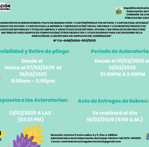 “Adquisición de diversos rubros: pulpa de madera, papel y cartón / productos de papel y cartón para oficina / productos de papel y cartón para imprenta y reproducción / tintas, pinturas y colorantes / productos plásticos / materiales y útiles de limpieza y aseo  / útiles de escritorio, oficina y materiales de instrucción / materiales para equipos de computación / otros productos y útiles diversos para las divisiones de la dirección de la Secretaría del Despacho del Gobernador.