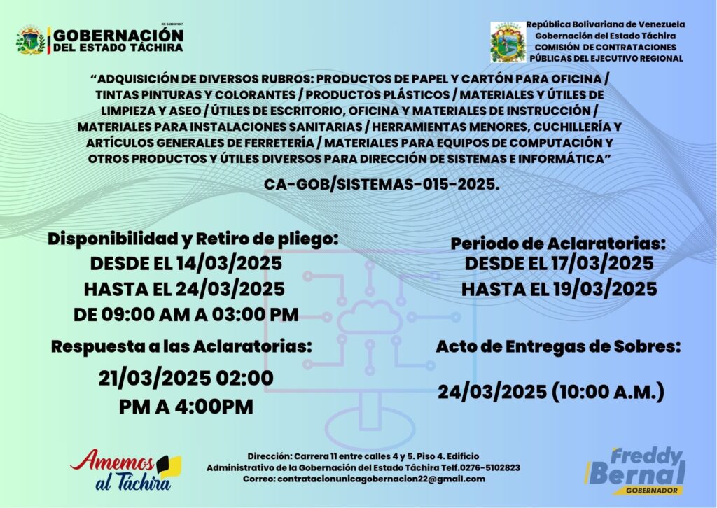 “ADQUISICIÓN DE DIVERSOS RUBROS: PRODUCTOS DE PAPEL Y CARTÓN PARA OFICINA / TINTAS PINTURAS Y COLORANTES / PRODUCTOS PLÁSTICOS / MATERIALES Y ÚTILES DE LIMPIEZA Y ASEO / ÚTILES DE ESCRITORIO, OFICINA Y MATERIALES DE INSTRUCCIÓN / MATERIALES PARA INSTALACIONES SANITARIAS / HERRAMIENTAS MENORES, CUCHILLERÍA Y ARTÍCULOS GENERALES DE FERRETERÍA / MATERIALES PARA EQUIPOS DE COMPUTACIÓN Y OTROS PRODUCTOS Y ÚTILES DIVERSOS PARA DIRECCIÓN DE SISTEMAS E INFORMÁTICA”￼