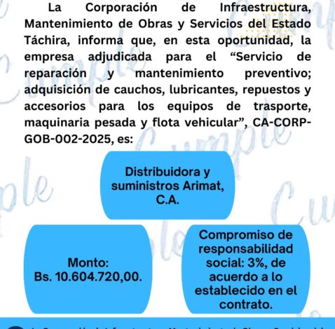 Servicio de reparación y mantenimiento preventivo; adquisición de cauchos, lubricantes, repuestos y accesorios para los equipos de transporte, maquinaria pesada y flota vehicular.