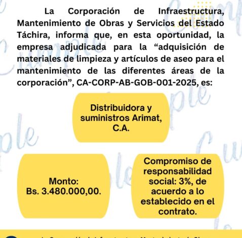 Adquisición de materiales de limpieza y artículos de aseo para el mantenimiento de las diferentes áreas de la Corporación de Infraestructura, Mantenimiento de Obras y Servicios del estado Táchira.