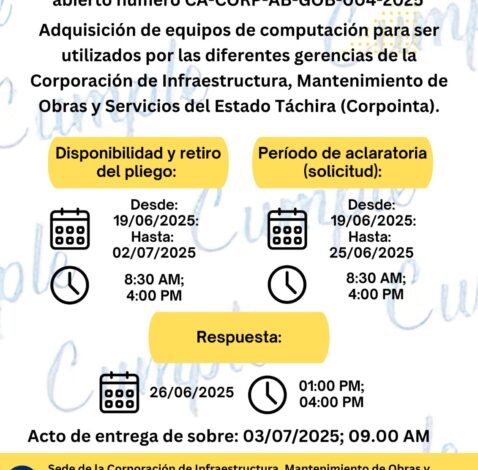 Adquisión de equipos de computación para ser utilizados por las diferentes gerencias de la Corporación de Infraestructura, Mantenimiento de Obras y Servicios del estado Táchira
