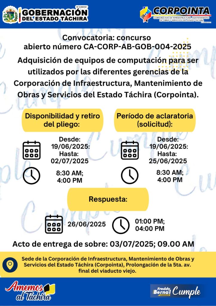 Adquisión de equipos de computación para ser utilizados por las diferentes gerencias de la Corporación de Infraestructura, Mantenimiento de Obras y Servicios del estado Táchira
