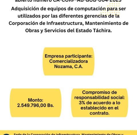 Notificación de Empresa Adjudicada para la Adquisión de equipos de computación para ser utilizados por las diferentes gerencias de la Corporación de Infraestructura, Mantenimiento de Obras y Servicios del estado Táchira.