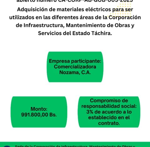 Notificación de Empresa adjudicada para Adquisión de materiales eléctricos para ser utilizados en las diferentes áreas de la Corporación de Infraestructura, Mantenimiento de Obras y Servicios del estado Táchira.