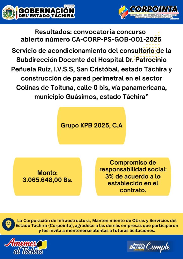 Servicio de acondicionamiento del consultorio de la Subdirección Docente del Hospital Dr. Patrocinio Peñuela Ruiz, I.V.S.S., San Cristóbal, estado Táchira y construcción de pared perimetral  en el sector Colinas de Toituna, calle 0 bis, vía Panamericana, municipio Guásimls, estado Táchira