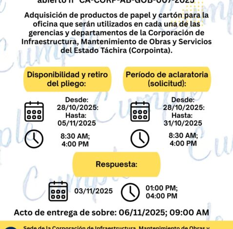Adquisión de productos de papel y cartón para la oficina que serán utilizados en cada una de las gerencias y departamentos de la Corporación de Infraestructura , Mantenimiento de Lbras y Servicios del estado Táchira (Corpointa)