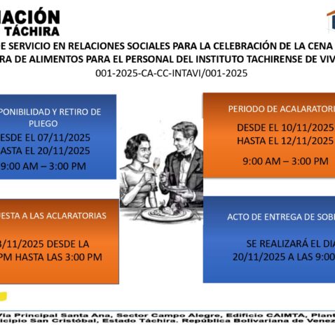 ADQUISICIÓN DE SERVICIO EN RELACIONES SOCIALES PARA LA CELEBRACIÓN DE LA CENA NAVIDEÑA Y LA COMPRA DE ALIMENTOS PARA EL PERSONAL DEL INSTITUTO TACHIRENSE DE VIVIENDA 001-2025-CA-CC-INTAVI/001-2025