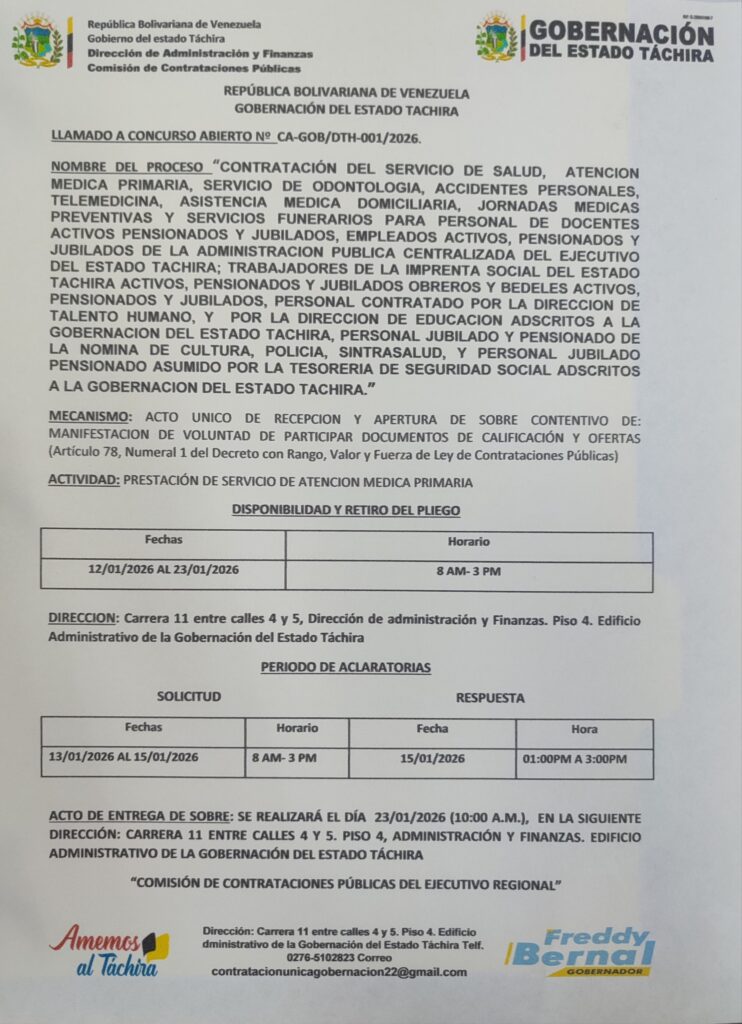 “CONTRATACIÓN DEL SERVICIO DE SALUD, ATENCIÓN PRIMARIA DE SALUD, ATENCIÓN MEDICA PRIMARIA, SERVICIO DE ODONTOLOGÍA, ACCIDENTES PERSONALES, TELEMEDICINA, ASISTENCIA MEDICA DOMICILIARIA, JORNADAS MEDICAS PREVENTIVAS Y SERVICIOS FUNERARIOS PARA PERSONAL DE DOCENTES ACTIVOS PENSIONADOS Y JUBILADOS, EMPLEADOS ACTIVOS, PENSIONADOS Y JUBILADOS DE LA ADMINISTRACIÓN PÚBLICA CENTRALIZADA DEL EJECUTIVO DEL ESTADO TÁCHIRA; TRABAJADORES DE LA IMPRENTA SOCIAL DEL ESTADO TÁCHIRA ACTIVOS, PENSIONADOS Y JUBILADOS OBREROS Y BEDELES ACTIVOS, PENSIONADOS Y JUBILADOS, PERSONAL CONTRATADO POR LA DIRECCIÓN DE TALENTO HUMANO, Y  POR LA DIRECCIÓN DE EDUCACIÓN ADSCRITOS A LA GOBERNACIÓN DEL ESTADO TÁCHIRA, PERSONAL JUBILADO Y PENSIONADO DE LA NÓMINA DE CULTURA, POLICÍA, SINTRASALUD, Y PERSONAL JUBILADO PENSIONADO ASUMIDO POR LA TESORERÍA DE SEGURIDAD SOCIAL ADSCRITOS A LA GOBERNACIÓN DEL ESTADO TÁCHIRA”￼