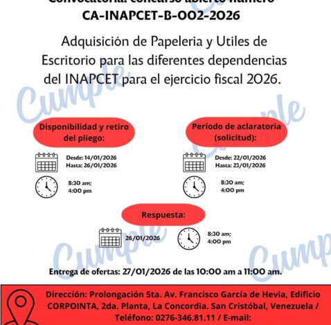 Adquisición de papelería y útiles de escritorio para las diferentes dependencias del Inapcet en el ejercicio fiscal 2026