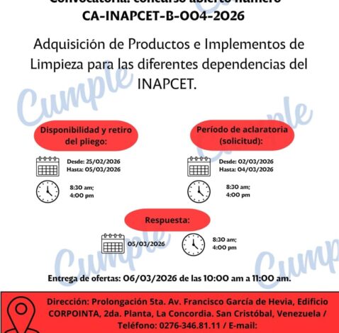 Adquisición de productos e implementos de limpieza para las diferentes dependencias del Inapcet