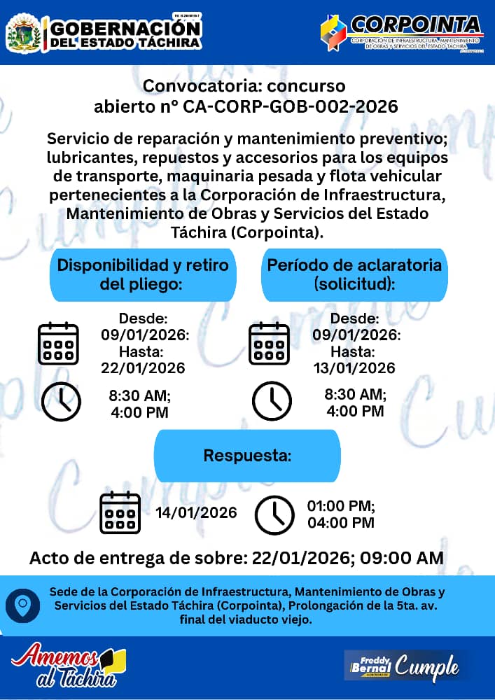 Servicio de reparación y mantenimiento preventivo; lubricantes, repuestos y accesorios para lso equipos de transoirte, maquinaria pesada y flota vehicular pertenecientes a la Corporación de Infraestructura, Mantenimiento de Obras y Servicios del estado Táchira (Corpointa)
