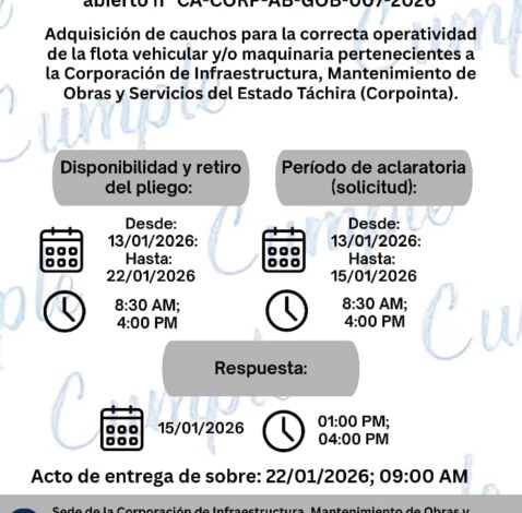Adquisición de cauchos para la correcta operatividad de la flota vehicular y/o maquinaria pertenecientes a la Corporación de Infraestructura, Mantenimiento de obras y servicios del estado Táchira (Corpointa)