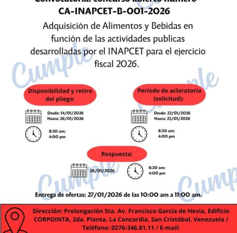 Adquisición de alimentos y bebidas en función de las actividades públicas desarrolladas por el Inapcet para el ejercicio fiscal 2026