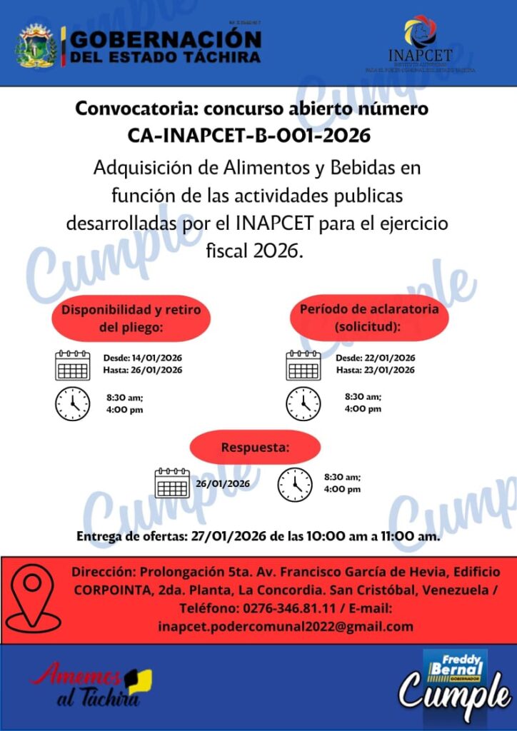 Adquisición de alimentos y bebidas en función de las actividades públicas desarrolladas por el Inapcet para el ejercicio fiscal 2026