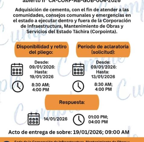 Adquisición de cemento, con el fin de atender a las comunidades, consejos comunales y emergencias en el estado a ejecutar dentro y fuera de la Corporación de infraestructura, mantenimiento de obras y servicios del estado Táchira áchira (Corpointa)