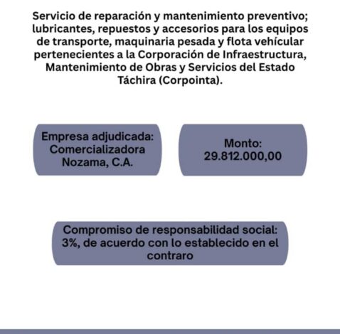 Servicio de reparación y mantenimiento preventivo; lubricantes, repuestos y accesorios para los equipos de transporte, maquinaria pesada y flota vehicular pertenecientes a la Corporación de infraestructura, mantenimiento de obras y servicios del estado Táchira (Corpointa)