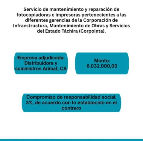 Servicio de mantenimiento y reparación de fotocopiadoras e impresoras pertenecientes a las diferentes gerencias de la Corporación de infraestructura, mantenimiento de obras y servicios del estado Táchira (Corpointa)