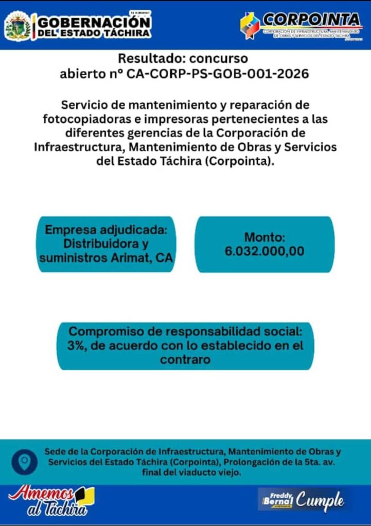 Servicio de mantenimiento y reparación de fotocopiadoras e impresoras pertenecientes a las diferentes gerencias de la Corporación de infraestructura, mantenimiento de obras y servicios del estado Táchira (Corpointa)