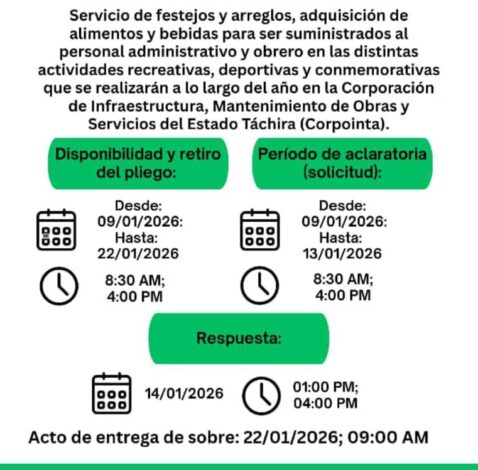 Servicio de festejos y arreglos, adquisición de alimentos y bebidas para hacer suministrados al personal administrativo y obrero en las distintas actividades recreativas, deportivas y conmemorativas que se realizarán a lo largo del año en la Corporación de infraestructura, mantenimiento de obras y servicios del estado Táchira (Corpointa)