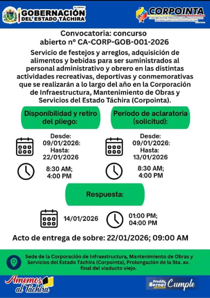 Servicio de festejos y arreglos, adquisición de alimentos y bebidas para hacer suministrados al personal administrativo y obrero en las distintas actividades recreativas, deportivas y conmemorativas que se realizarán a lo largo del año en la Corporación de infraestructura, mantenimiento de obras y servicios del estado Táchira (Corpointa)