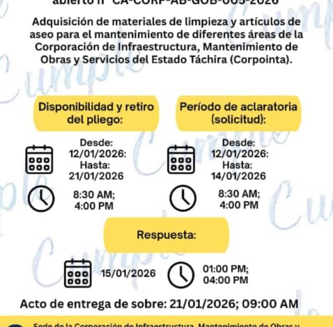 Adquisición de materiales de limpieza y artículos de aseo para el mantenimiento de diferentes áreas de la Corporación de infraestructura, mantenimiento de obras y servicios del estado Táchira chira (Corpointa)