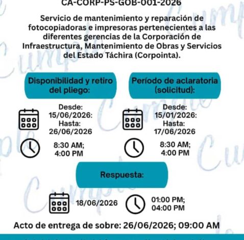 Servicio de mantenimiento y reparación de fotocopiadoras e impresoras pertenecientes a las diferentes gerencias de la Corporación de infraestructura, Mantenimiento de obras y servicios del estado Táchira (Corpointa)