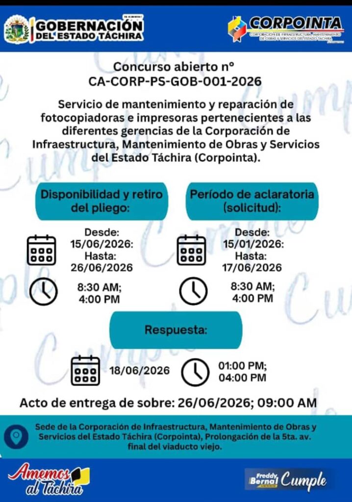 Servicio de mantenimiento y reparación de fotocopiadoras e impresoras pertenecientes a las diferentes gerencias de la Corporación de infraestructura, Mantenimiento de obras y servicios del estado Táchira (Corpointa)