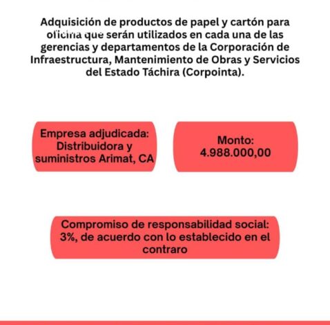 Adquisición de productos de papel y cartón para oficina que serán utilizados en cada una de las gerencias y departamentos de la Corporación de infraestructura, mantenimiento de obras y servicios del estado Táchira (Corpointa)