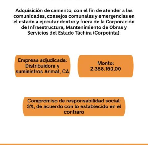 Adquisición de cemento, con el fin de atender a las comunidades, consejo comunales y emergencias en el estado a ejecutar dentro y fuera de la Corporación de infraestructura, mantenimiento de obras y servicios del estado Táchira (Corpointa)