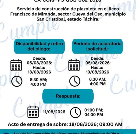 Servicio de construcción de plazoleta en el Liceo Francisco de Miranda, sector La Cueva del oso, Municipio San Cristóbal, estado Táchira