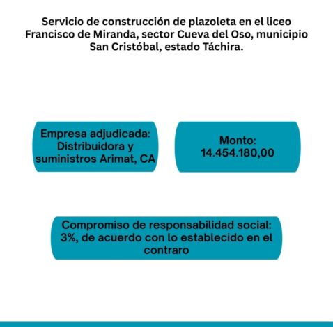 Servicio de construcción de plazoleta en el Liceo Francisco de Miranda, sector La Cueva del oso, Municipio San Cristóbal, estado Táchira